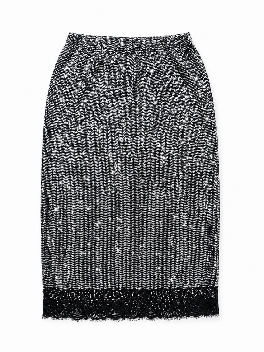 Zara Silver Sequin Pencil Skirt Black Lace Trim Size Medium - Picture 3 of 4